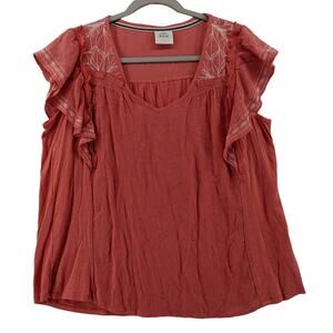 Knox Rose Embroidered Blouse M Pink Flowy‎ Flutter Floral Ruffle Top Work Casual